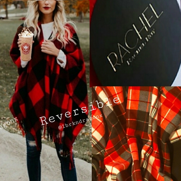 NWT Reversible Traditional Cape Poncho Rose Red Plaid Fringed Cape - Picture 7 of 17